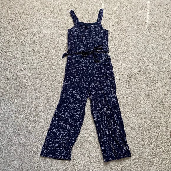 Loft Polka Dot Square Neck Sleeveless Cropped Jumpsuit Tie Waist Belt Size 0P - Picture 1 of 14